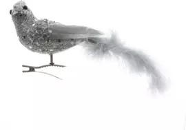 Decoris kunststof kerst ornament vogel op clip 15cm zilver 