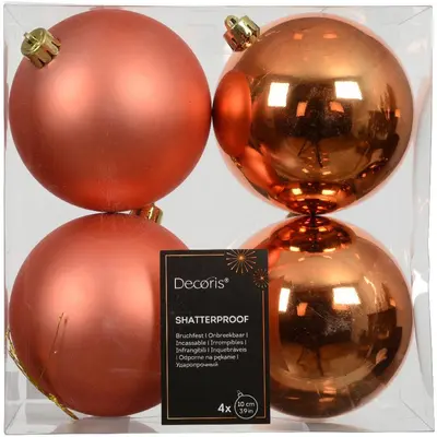 Decoris kunststof kerstbal 10cm warm oranje 4 stuks - afbeelding 1
