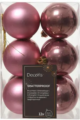 Decoris kunststof kerstbal 6cm velours roze 12 stuks