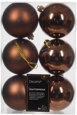 Decoris kunststof kerstbal 8cm espresso 6 stuks