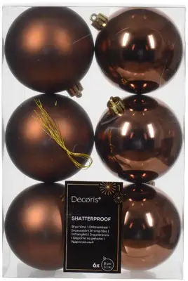 Decoris kunststof kerstbal 8cm espresso 6 stuks - afbeelding 1