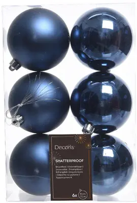 Decoris kunststof kerstbal 8cm nachtblauw 6 stuks