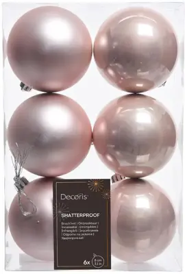 Decoris kunststof kerstbal 8cm poederroze 6 stuks - afbeelding 1