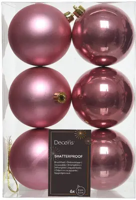 Decoris kunststof kerstbal 8cm velours roze 6 stuks