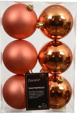 Decoris kunststof kerstbal 8cm warm oranje 6 stuks - afbeelding 1