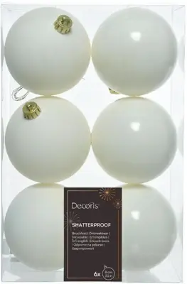 Decoris kunststof kerstbal 8cm wolwit 6 stuks - afbeelding 1