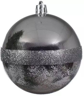 Decoris kunststof kerstbal glitterrand 8cm zilver