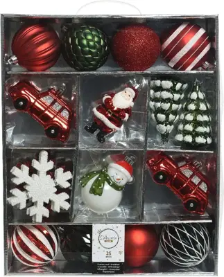 Decoris kunststof kerstbal mix figuren multi 25 stuks
