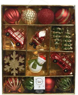 Decoris kunststof kerstbal mix figuren multi 25 stuks