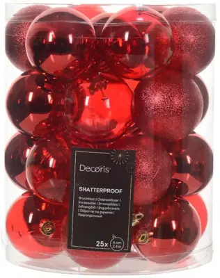 Decoris kunststof kerstbal mix kerstrood 25 stuks - afbeelding 1