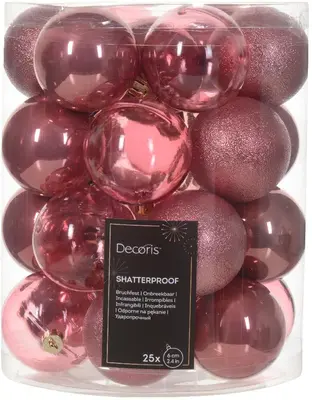 Decoris kunststof kerstbal mix velours roze 25 stuks - afbeelding 1