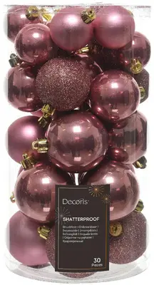Decoris kunststof kerstbal mix velours roze 30 stuks - afbeelding 1