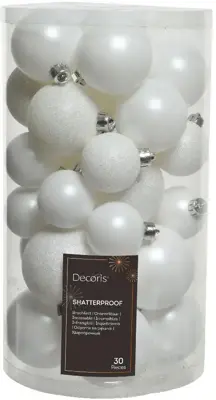 Decoris kunststof kerstbal mix winterwit 30 stuks - afbeelding 1