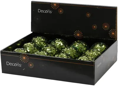 Decoris kunststof kerstbal paillette 8cm dennengroen - afbeelding 2