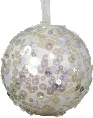 Decoris kunststof kerstbal paillette 8cm wolwit - afbeelding 1