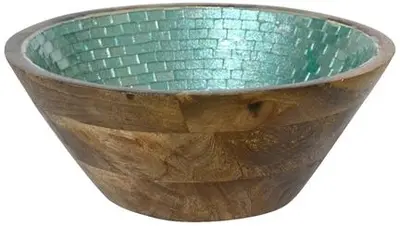 Decoris schaal mangohout deco 16x6cm blauw, bruin