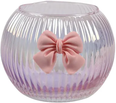 Decoris theelichthouder glas strik 8.5x6.5cm roze