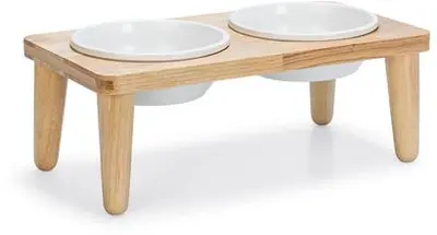 Designed by Lotte dinerset hond Djeha hout met 2 keramiek bakjes 2x550ml 40x21x15cm bruin