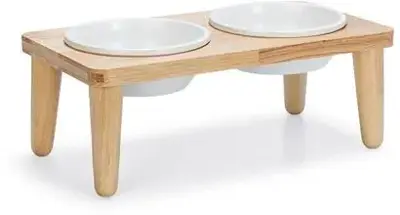 Designed by Lotte honden dinerset Djeha hout met keramieke bakjes 2x550ml 40x21x15cm naturel