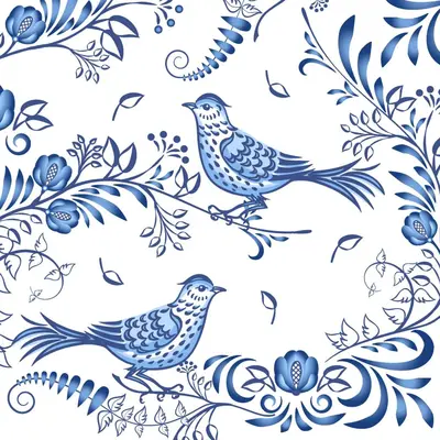 Duni 3-laags tissue servet porcelain bird 33x33cm wit, blauw 20 stuks