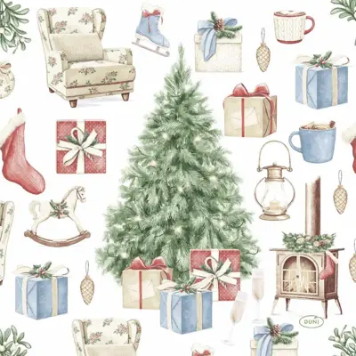 Duni 3-laags tissue servet tree and gifts 33x33cm wit, groen 20 stuks