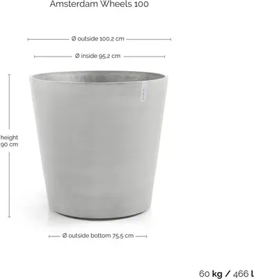 Ecopots kunststof bloempot amsterdam met wielen 100.2x88.7 cm witgrijs     - afbeelding 4