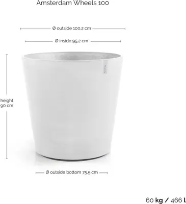 Ecopots kunststof bloempot amsterdam met wielen 100x88.7 cm puurwit     - afbeelding 4