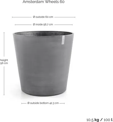 Ecopots kunststof bloempot amsterdam met wielen 60x56 cm grijs     - afbeelding 4
