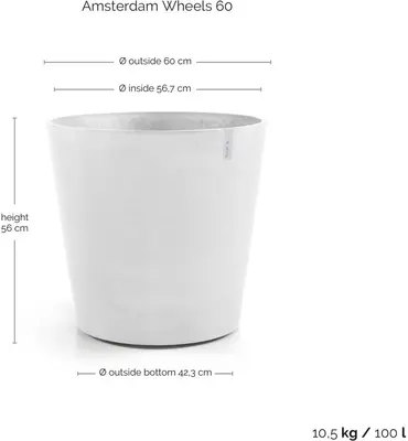 Ecopots kunststof bloempot amsterdam met wielen 60x56 cm puurwit     - afbeelding 4