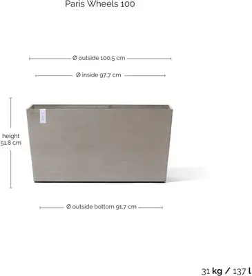 Ecopots kunststof plantenbak paris met wielen 100.5x39.6x51.8cm taupe     - afbeelding 5