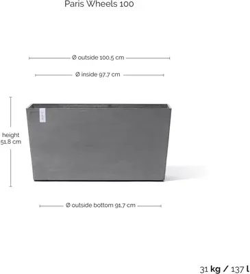 Ecopots kunststof plantenbak paris met wielen 100.5x39.6x51.8cm grijs     - afbeelding 5
