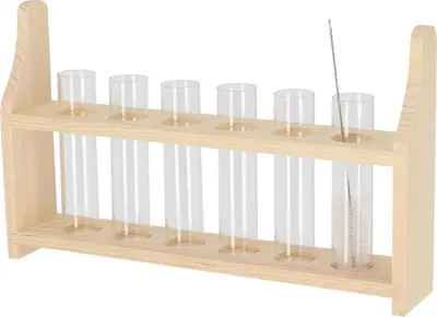 Esschert Design Plantenwortelvaas met Houten Standaard – 6 Glazen Reageerbuisjes
