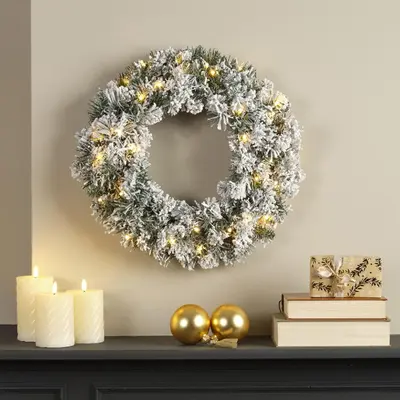 Everlands kerstkrans Imperial - met sneeuw en verlichting 40 LEDs groen, wit 50cm - afbeelding 4