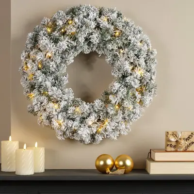 Everlands kerstkrans Imperial - met sneeuw en verlichting 50 LEDs groen, wit 60cm - afbeelding 3