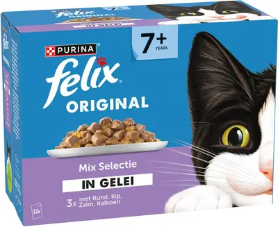 Felix Original Senior 7+ mix selectie in gelei rund, kip & kalkoen 12 x 85g - afbeelding 7