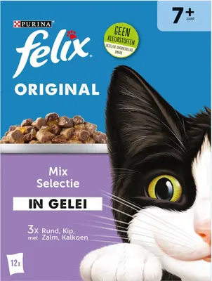 Felix Original Senior 7+ mix selectie in gelei rund, kip & kalkoen 12 x 85g - afbeelding 2