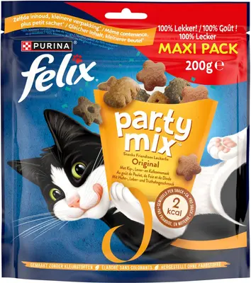 FELIX Party Mix Original met Kip-, Lever- en Kalkoensmaak kattensnacks 200g - afbeelding 2