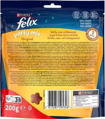 FELIX Party Mix Original met Kip-, Lever- en Kalkoensmaak kattensnacks 200g - afbeelding 3