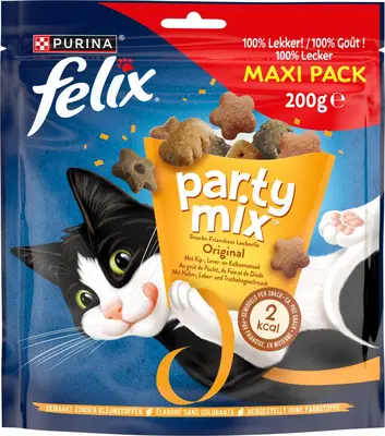 FELIX Party Mix Original met Kip-, Lever- en Kalkoensmaak kattensnacks 200g - afbeelding 4