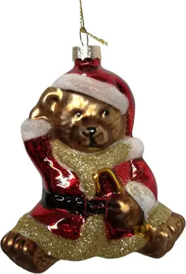 Glazen kerst ornament beer kerstpak 11.5cm rood, bruin