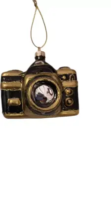 Glazen kerst ornament camera 5.5cm zwart, goud