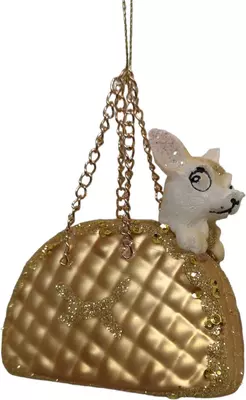 Glazen kerst ornament hond in handtas 8cm goud 