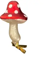 Glazen kerst ornament paddenstoel op clip 10cm rood, wit kopen?