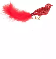 Glazen kerst ornament vogel met veer op clip 16cm rood  kopen?