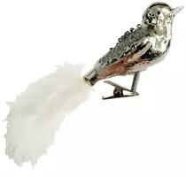 Glazen kerst ornament vogel met veer op clip 16cm zilver 