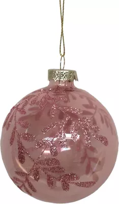 Glazen kerstbal blad 8cm roze, transparant