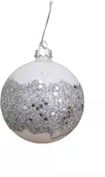 Glazen kerstbal glitter 8cm wit, zilver