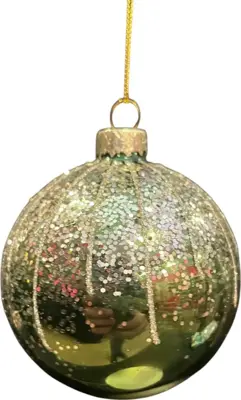 Glazen kerstbal lijn glitter 8cm dennengroen