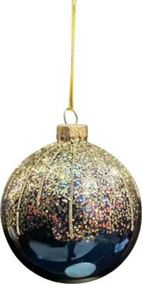 Glazen kerstbal lijn glitter 8cm nachtblauw