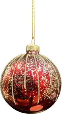 Glazen kerstbal lijn glitter 8cm ossenbloed